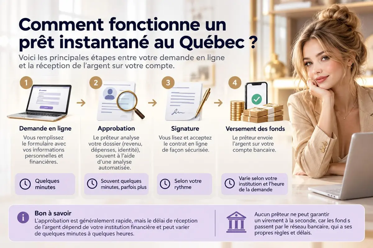 Infographie: les étapes d’un prêt instantané au Québec, de la demande en ligne au versement des fonds