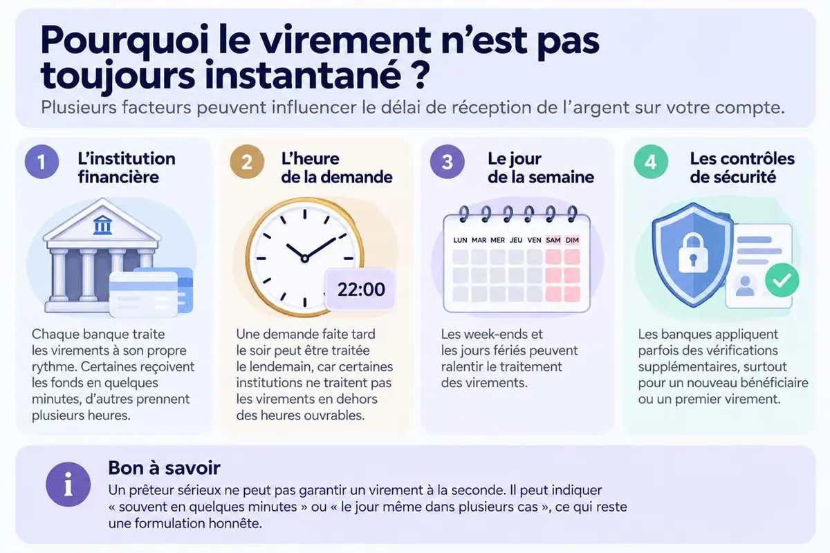 Infographie: pourquoi le virement n’est pas toujours instantané selon l’institution, l’heure et le jour